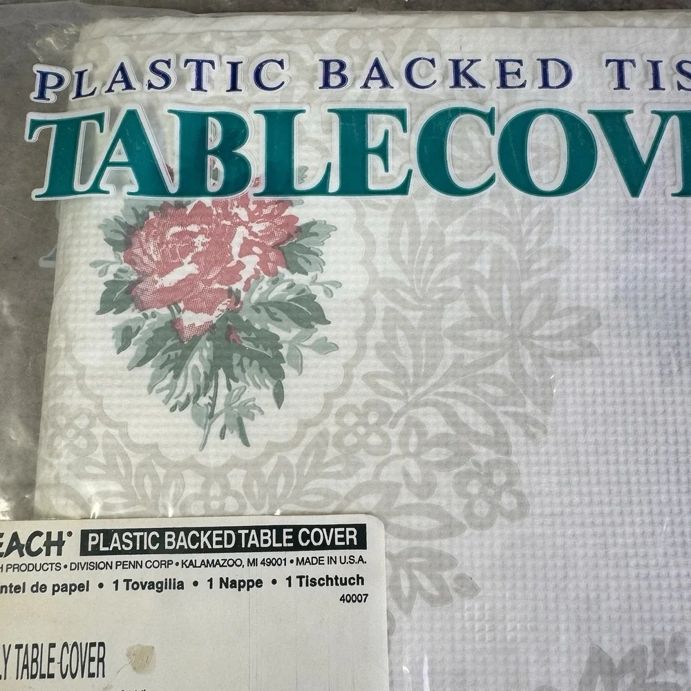 Vintage BEACH Plastic Backed Tissue Table Cover 4 Sq Yds. Enchanted Rose NOS